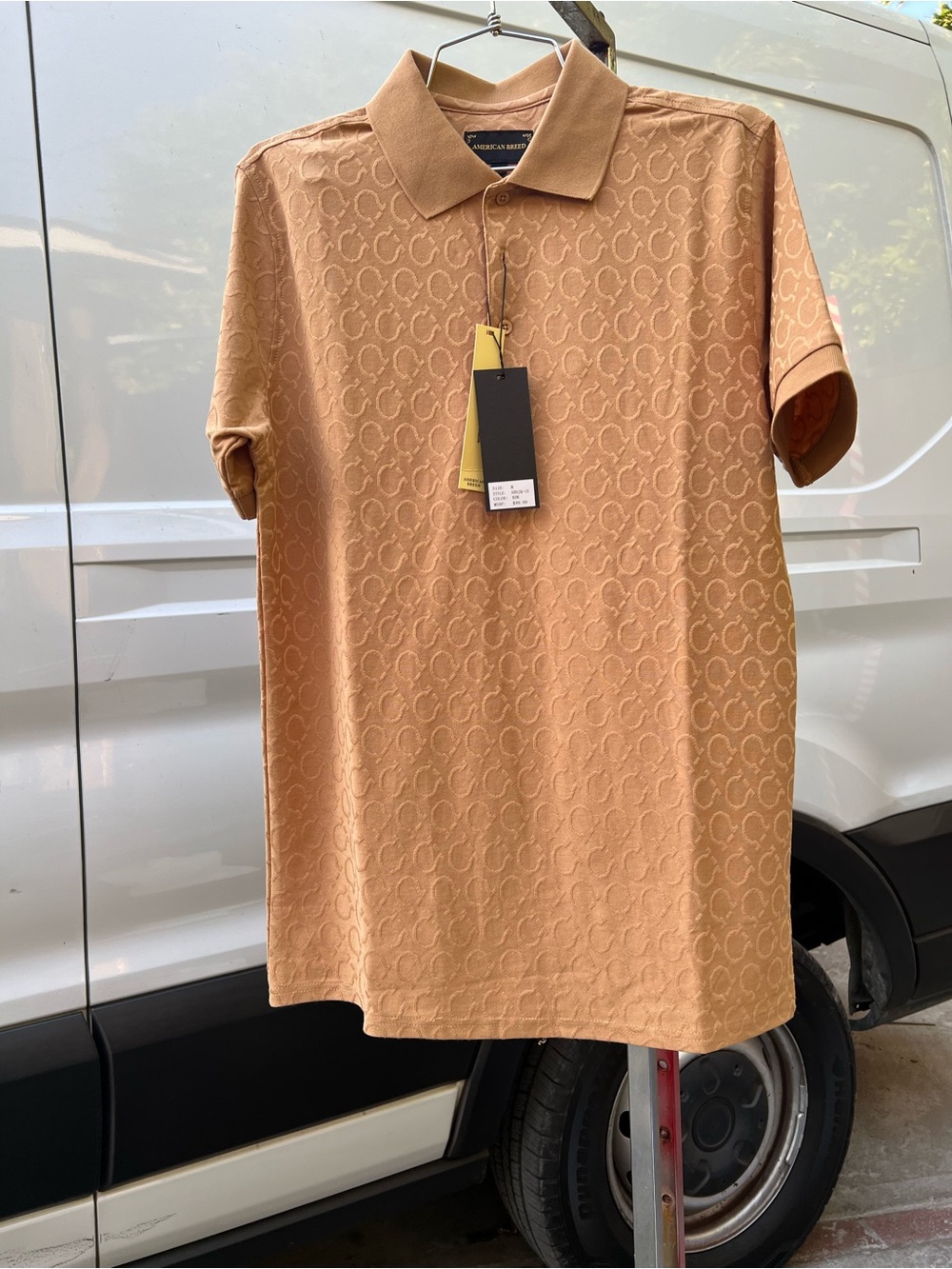 Men's Polo Shirt in Brown with Tonal Pattern - Designer Brand New